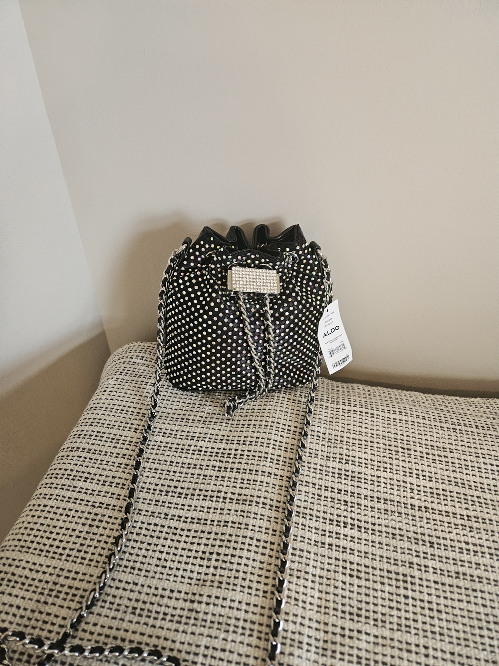 Aldo Black Rhinestone-Embellished Drawstring Crossbody